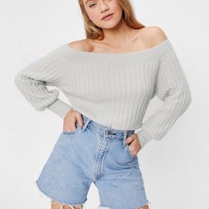 Off The Shoulder Balloon Sleeve Knitted Jumper